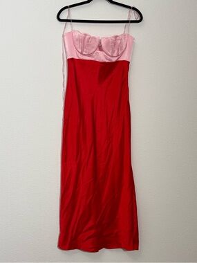 Anna October Pink Red Satin Slip Dress Scallop Bust Midi Y2K Coquette Romance